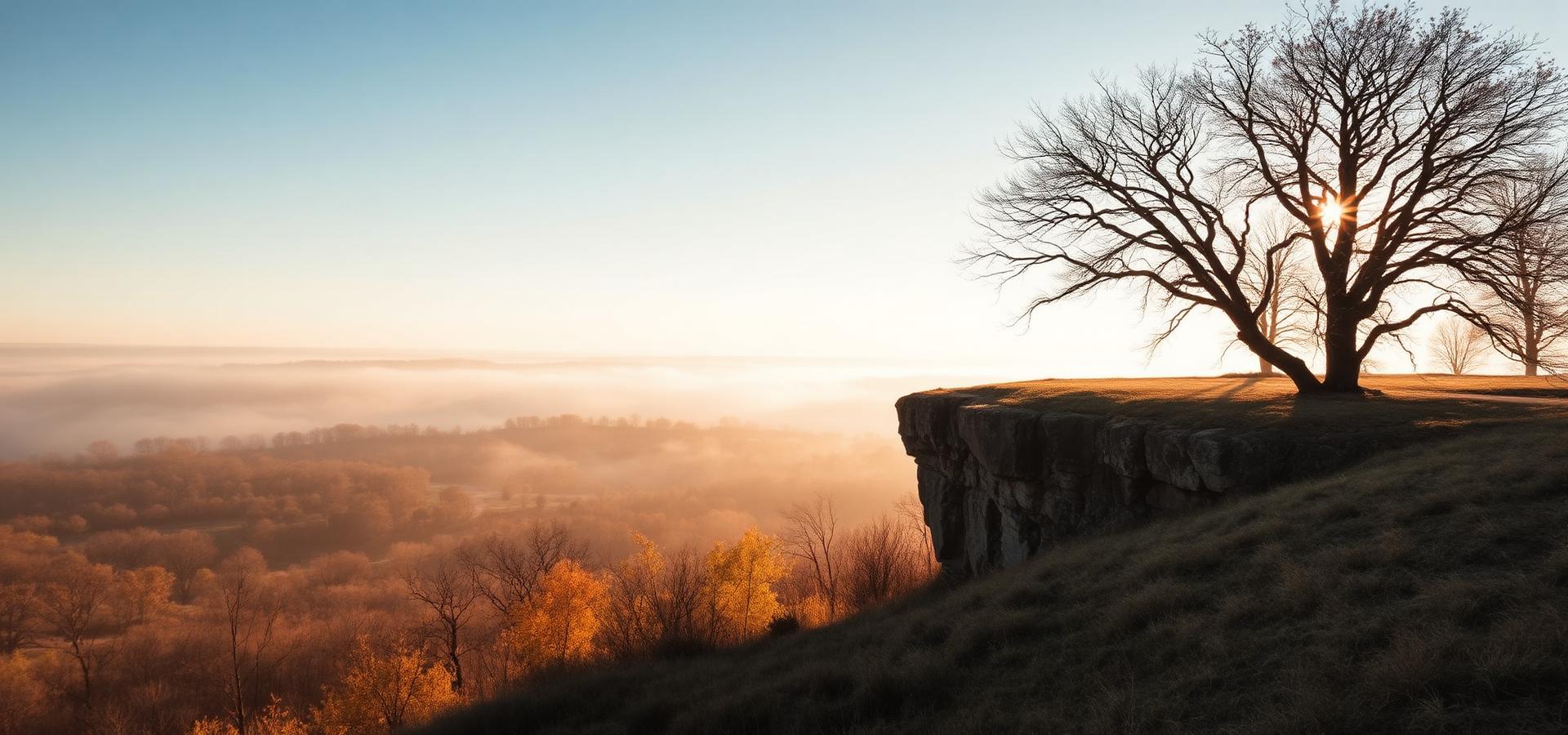 Oak savanna and limestone bluff at sunrise in the Driftless Region